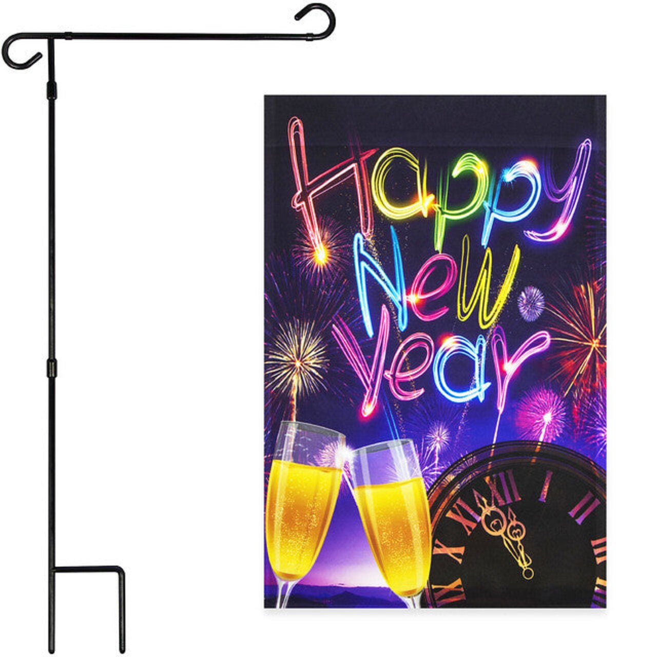 G128 Combo Pack: Garden Flag Stand Black 36x16 Inch & Garden Flag Happy New Year Fireworks and Champagne 12x18 Inch